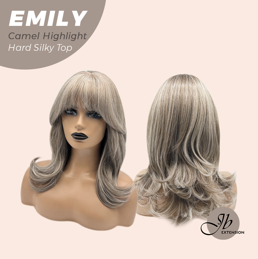 JBEXTENSION 18 Inches Scalpiana Curly Camel Highlight 3.5X4 Hard Silky Top Natural Scalp Effect Wig with Bangs EMILY CAMEL HIGHLIGHT