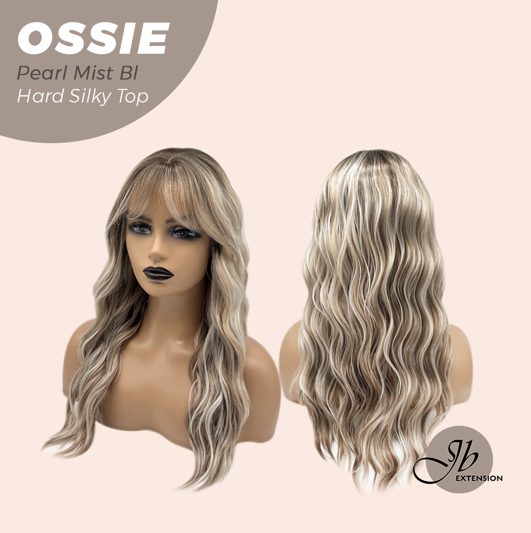 JBEXTENSION 22 Inches Scalpiana Long Wave Pearl Mist Blonde 3.5X4 Hard Silky Top Natural Scalp Effect Wig with Bangs OSSIE PEARL MIST BLONDE