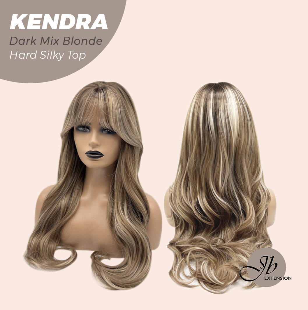 JBEXTENSION 26 Inches Scalpiana Long Curly Dark Mix Blonde 3.5X4 Hard Silky Top Natural Scalp Effect Wig with Bangs KENDRA DARK MIX BLONDE