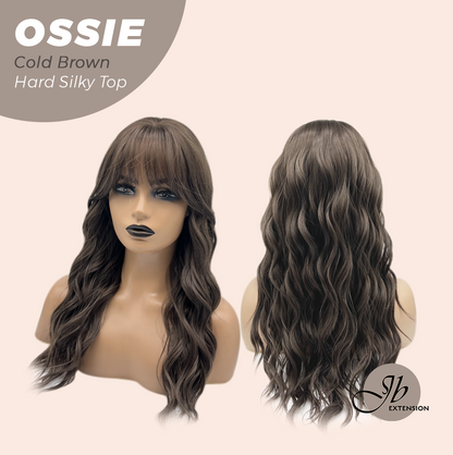 JBEXTENSION 22 Inches Scalpiana Long Wave Cold Brown 3.5X4 Hard Silky Top Natural Scalp Effect Wig with Bangs OSSIE COLD BROWN