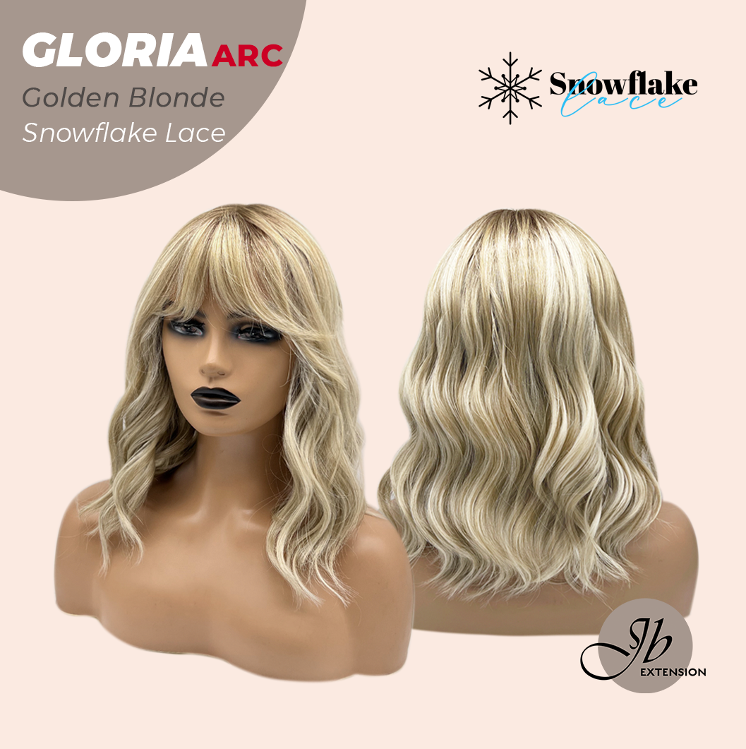 JBEXTENSION 14 Inches Curly Golden Blonde Wig with Bangs Pre-Cut Arc Snowflake Lace Frontlace Glueless Wig GLORIA GOLDEN BLONDE【BENDY EAR TABS】