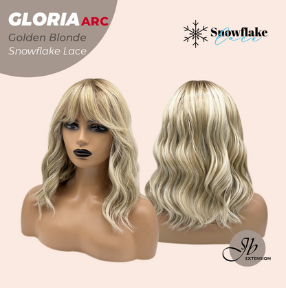 JBEXTENSION 14 Inches Curly Golden Blonde Wig with Bangs Pre-Cut Arc Snowflake Lace Frontlace Glueless Wig GLORIA GOLDEN BLONDE【BENDY EAR TABS】