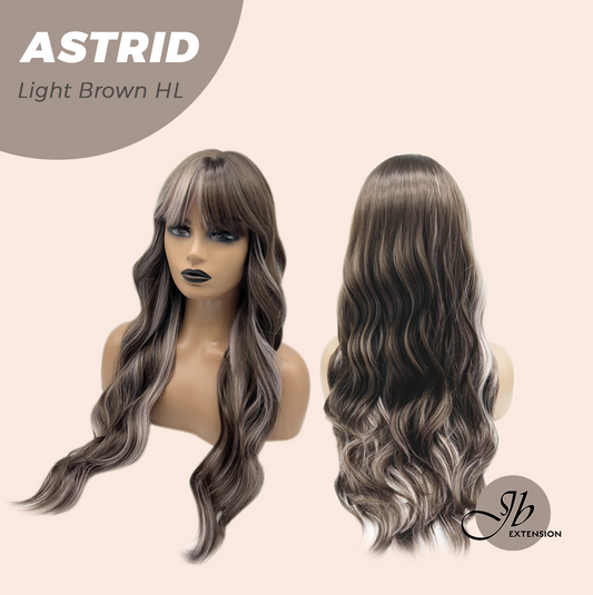 JBEXTENSION 28 Inches Long Wave Light Brown Highlight Wig with Bangs ASTRID LIGHT BROWN HIGHLIGHT
