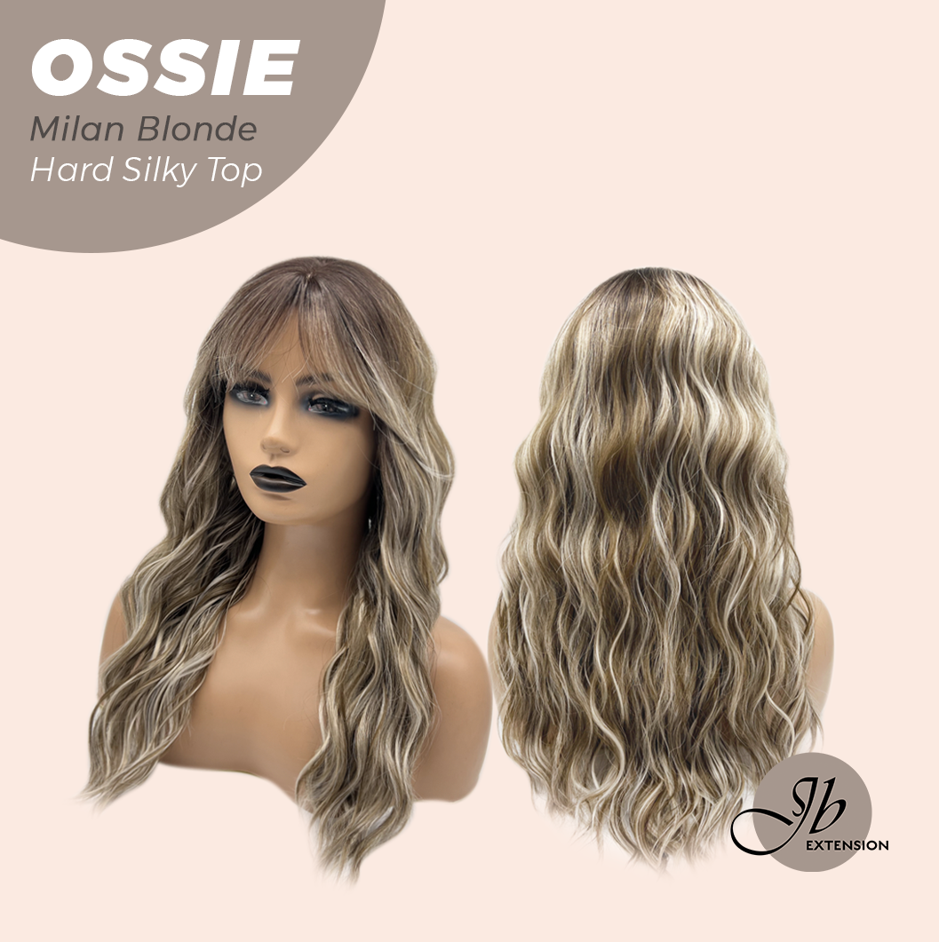 JBEXTENSION 22 Inches Scalpiana Long Wave Milan Blonde 3.5X4 Hard Silky Top Natural Scalp Effect Wig with Bangs OSSIE MILAN BLONDE