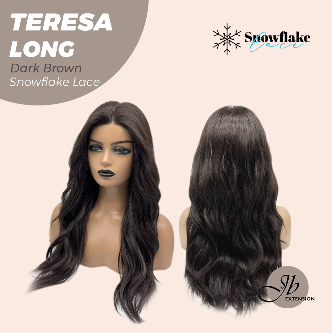 JBEXTENSION 22 Inches Long Dark Brown Pre-Cut Snowflake Lace Frontlace Glueless Wig TERESA LONG DARK BROWN【PERMATEASE】【BENDY EAR TABS】- M/L