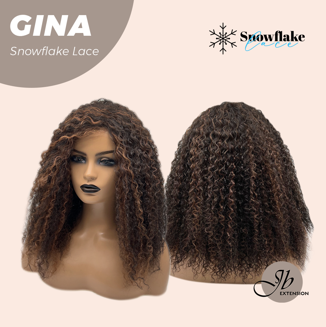 [FINAL SALE] JBEXTENSION 16 Inches Deep Curly Black with Brown Highlight Pre-Cut Snowflake Lace Frontlace Glueless Wig GINA SNOWFLAKE【PERMATEASE】【BENDY EAR TABS】