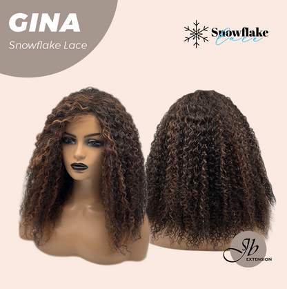 [FINAL SALE] JBEXTENSION 16 Inches Deep Curly Black with Brown Highlight Pre-Cut Snowflake Lace Frontlace Glueless Wig GINA SNOWFLAKE【PERMATEASE】【BENDY EAR TABS】