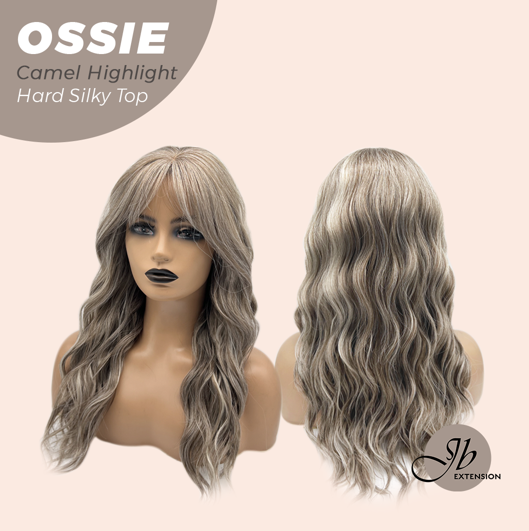 JBEXTENSION 22 Inches Scalpiana Long Wave Camel Highlight 3.5X4 Hard Silky Top Natural Scalp Effect Wig with Bangs OSSIE CAMEL HIGHLIGHT