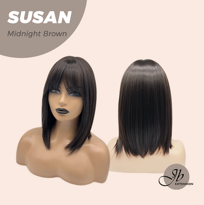 JBEXTENSION 14 Inches Short Bob Cut Midnight Brown Wig with Bangs SUSAN MIDNIGHT BROWN