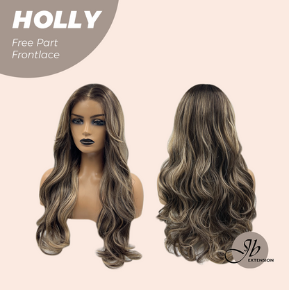 JBEXTENSION 24 Inches Brown With Highlight Wave Pre-Cut Free Part Frontlace Glueless Wig HOLLY