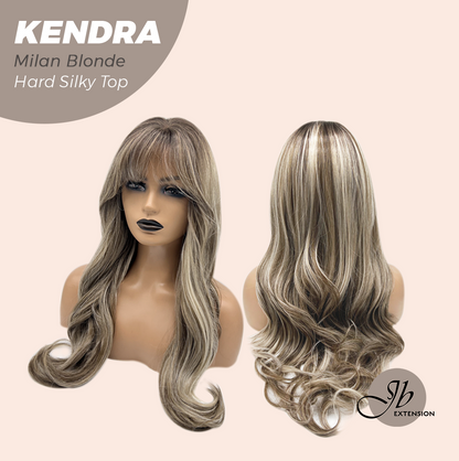 JBEXTENSION 26 Inches Scalpiana Long Curly Milan Blonde 3.5X4 Hard Silky Top Natural Scalp Effect Wig with Bangs KENDRA MILAN BLONDE