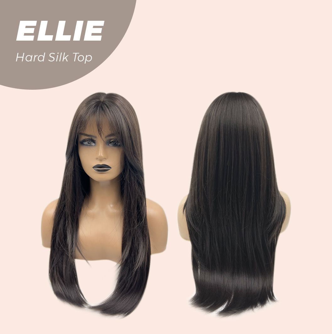 Nichole's Selection - 26 Inches Scalpiana Tea Black Darkest Brown Wolf Cut 3.5X4 Hard Silky Top Natural Scalp Effect Wig With Bangs ELLIE SILK TOP