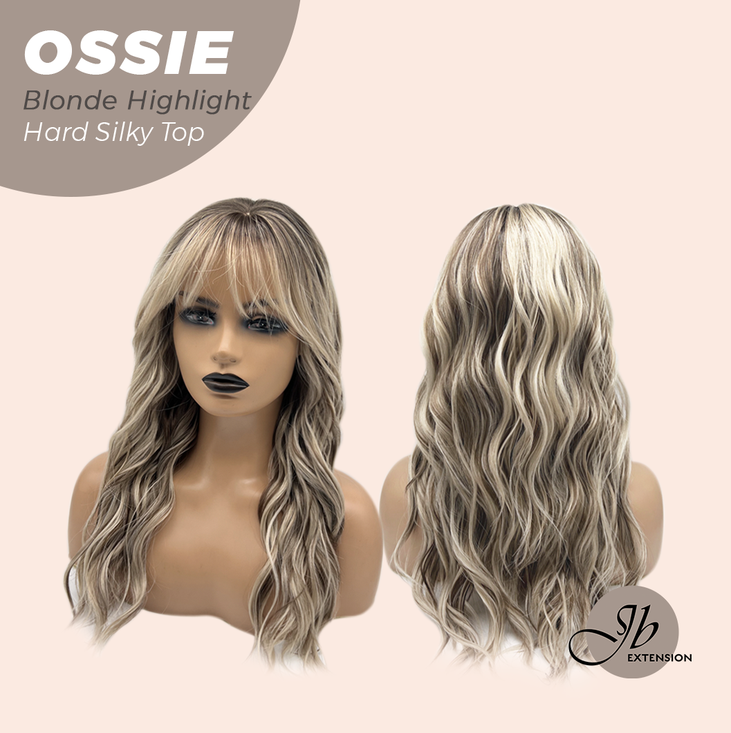 JBEXTENSION 22 Inches Scalpiana Long Wave Blonde Highlight 3.5X4 Hard Silky Top Natural Scalp Effect Wig with Bangs OSSIE BLONDE HIGHLIGHT