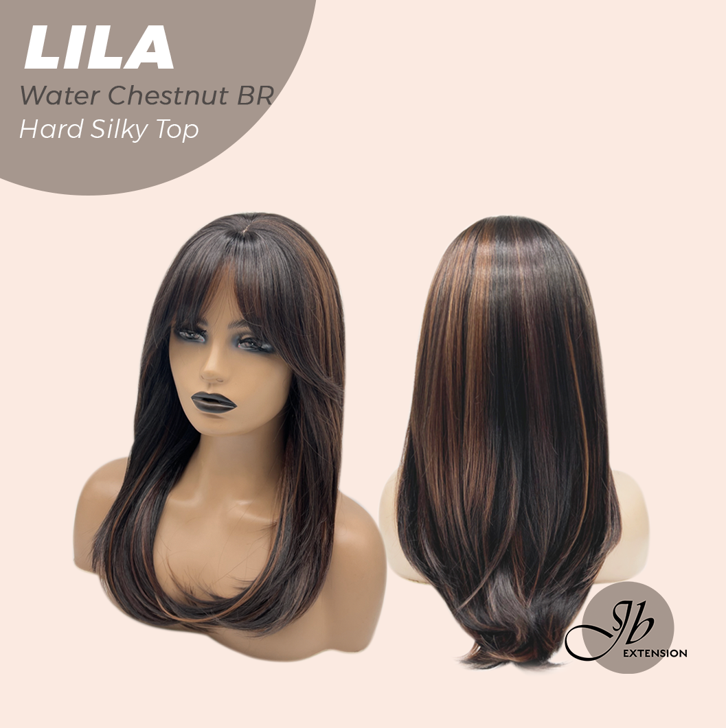 JBEXTENSION 20 Inches Scalpiana Water Chestnut Brown Wolf Cut 3.5X4 Hard Silky Top Natural Scalp Effect Wig with Bangs LILA WATER CHESTNUT BROWN