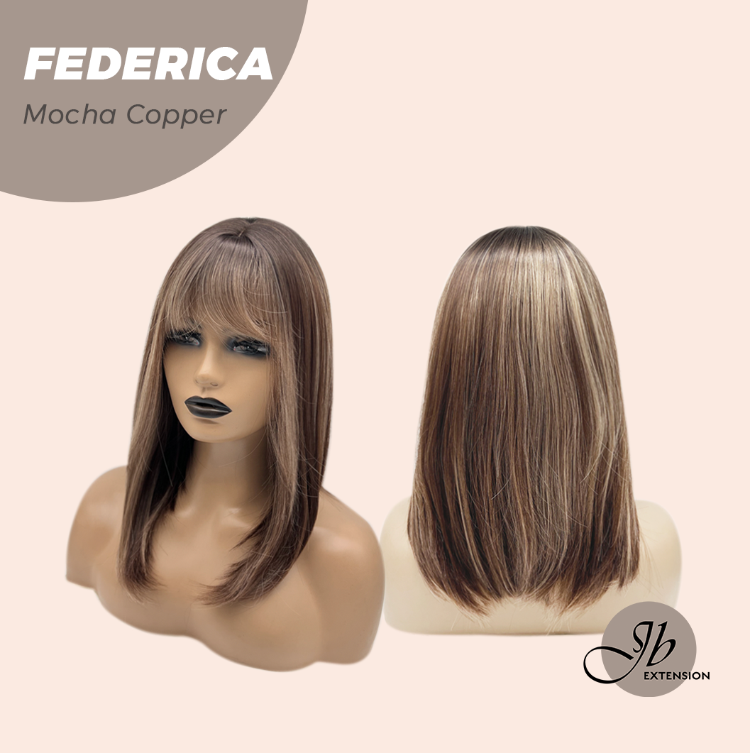 JBEXTENSION 16 Inches Short Bob Cut Mocha Copper Wig with Bangs FEDERICA MOCHA COPPER