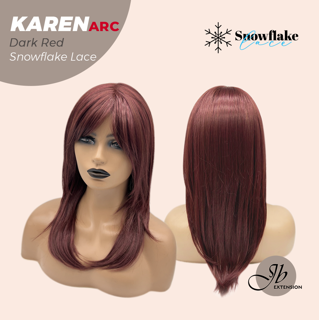 JBEXTENSION 18 Inches Dark Red Pre-Cut Arc Snowflake Lace Frontlace Glueless Wig KAREN DARK RED【BENDY EAR TABS】