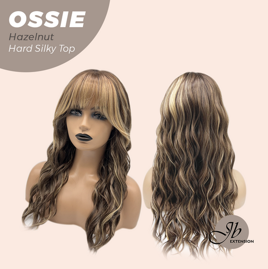 JBEXTENSION 22 Inches Scalpiana Long Wave Hazelnut 3.5X4 Hard Silky Top Natural Scalp Effect Wig with Bangs OSSIE HAZELNUT