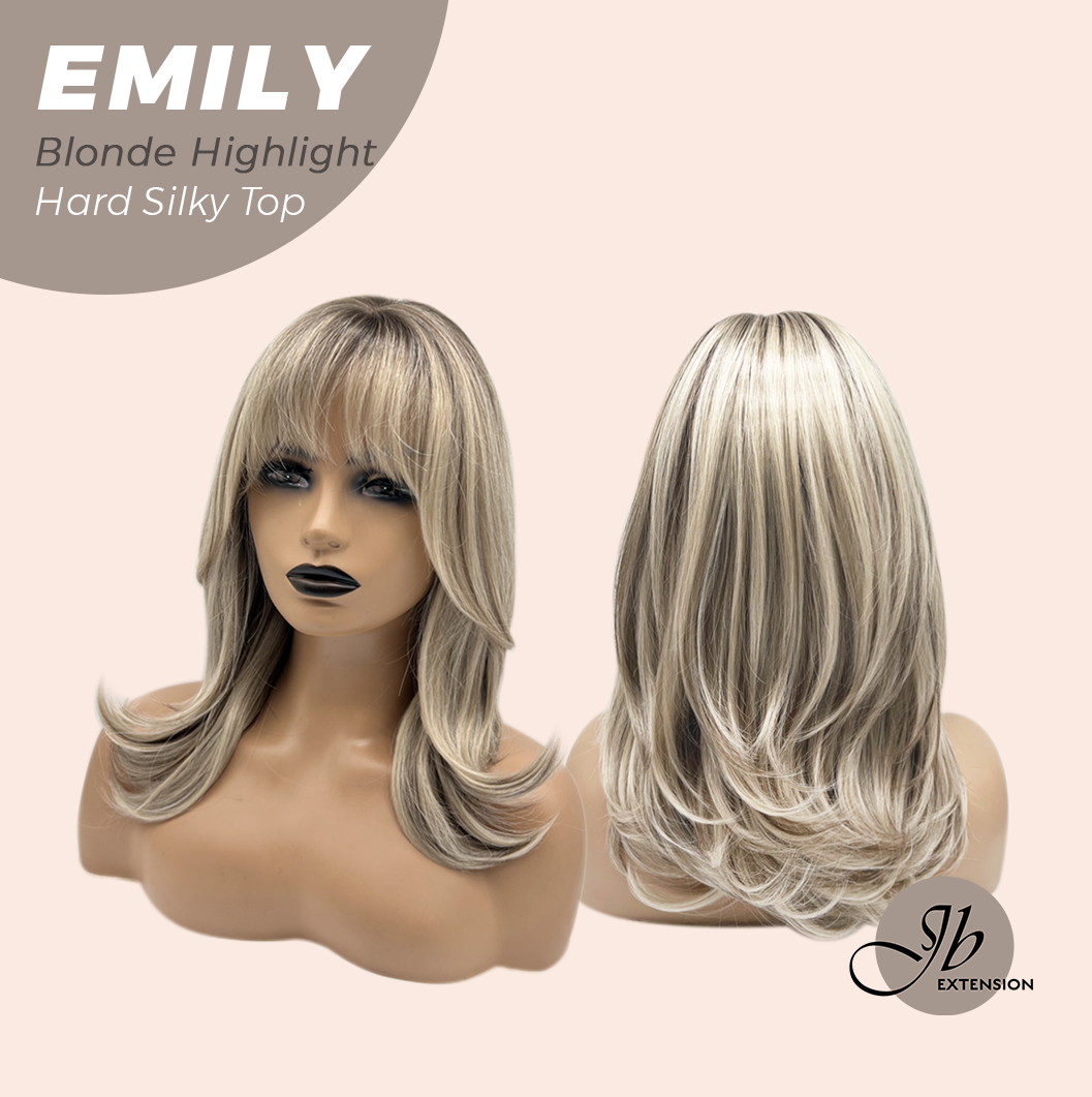 JBEXTENSION 18 Inches Scalpiana Curly Blonde Highlight 3.5X4 Hard Silky Top Natural Scalp Effect Wig with Bangs EMILY BLONDE HIGHLIGHT