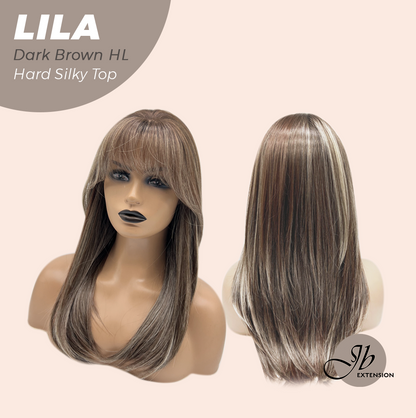 JBEXTENSION 20 Inches Scalpiana Dark Brown Highlight Wolf Cut 3.5X4 Hard Silky Top Natural Scalp Effect Wig With Bangs LILA DARK BROWN HIGHLIGHT