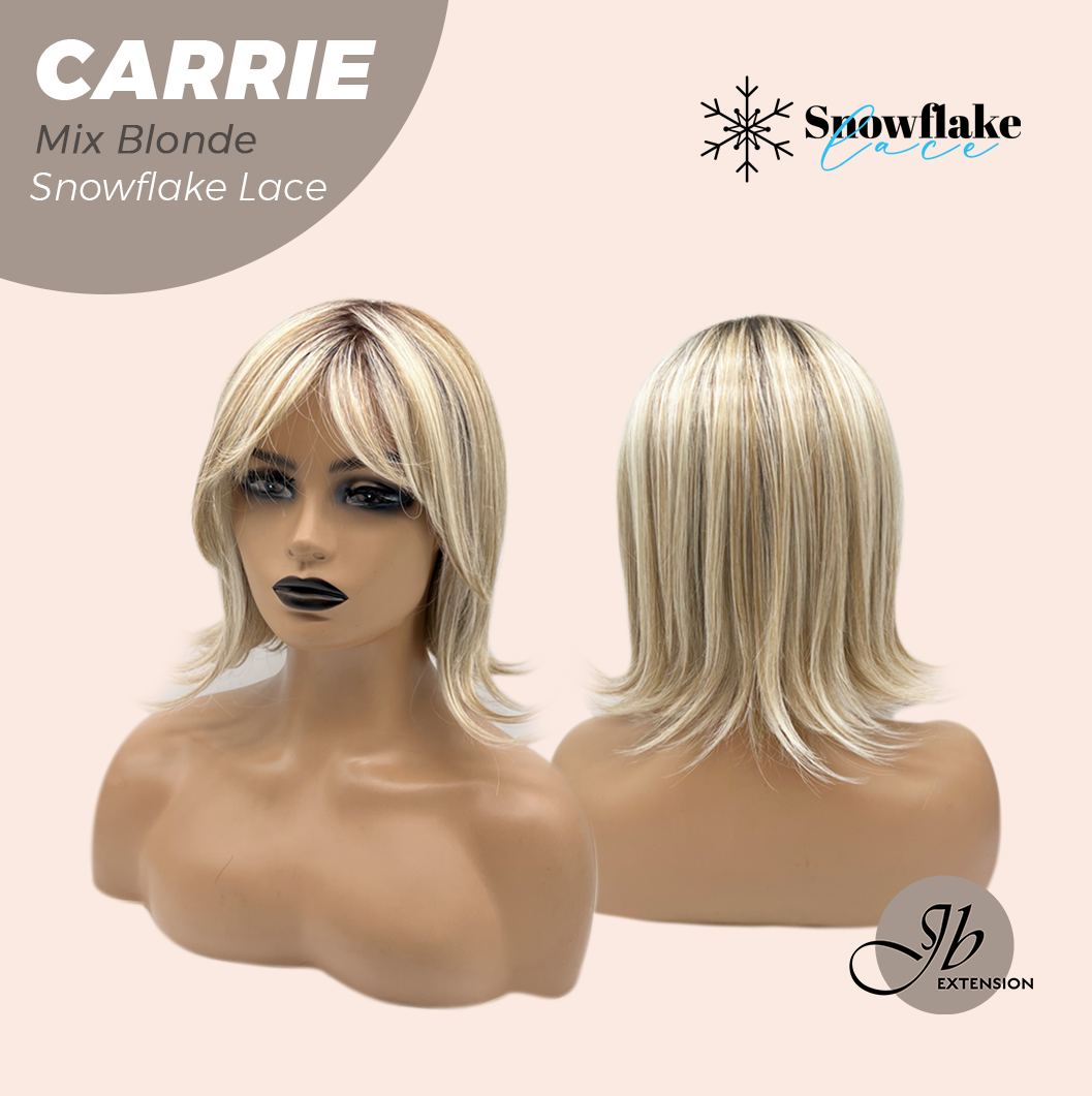 JBEXTENSION 11 Inches Short Hair Mix Blonde Pre-Cut Arc Snowflake Lace Frontlace Glueless Wig with Bangs CARRIE MIX BLONDE【BENDY EAR TABS】