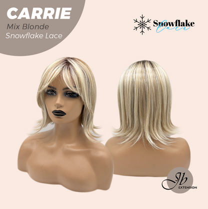JBEXTENSION 11 Inches Short Hair Mix Blonde Pre-Cut Arc Snowflake Lace Frontlace Glueless Wig with Bangs CARRIE MIX BLONDE【BENDY EAR TABS】