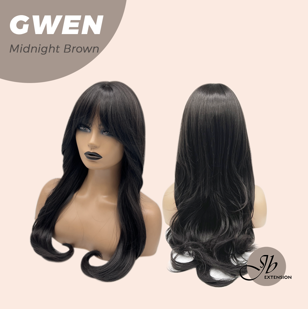 JBEXTENSION 25 Inches Long Curly Midnight Brown(Black/Brown) Wig with Bangs GWEN MIDNIGHT BROWN