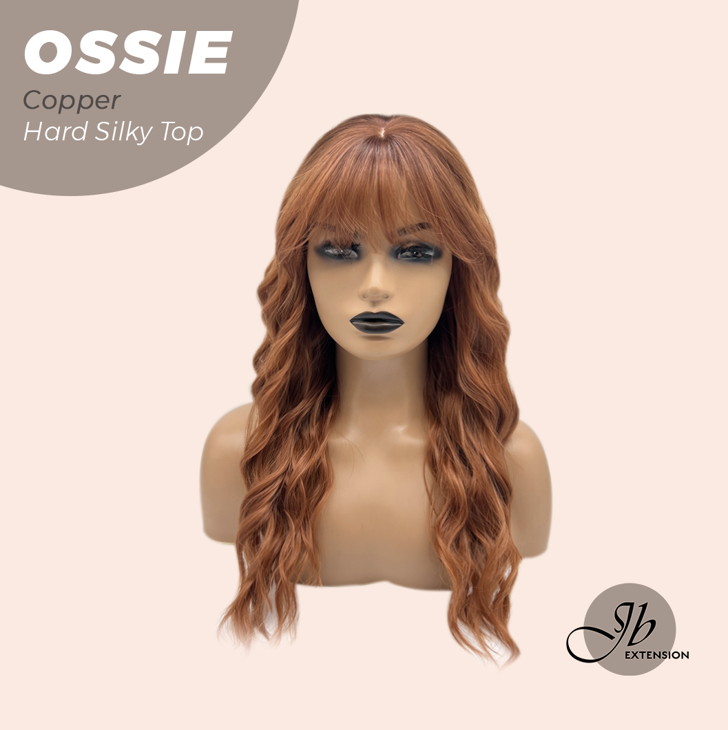 JBEXTENSION 22 Inches Scalpiana Long Wave Copper 3.5X4 Hard Silky Top Natural Scalp Effect Wig with Bangs OSSIE COPPER