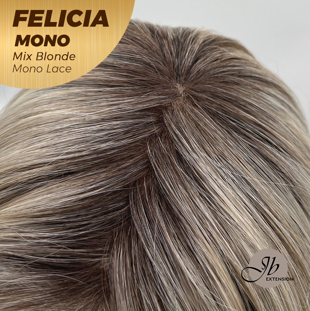 JBEXTENSION FELICIA MONO Full Monofilament Handmade Full Lace Full Hand Tied Wig 11 Inches Mix Blonde Mono Lace Handmade Futura Fiber Wig with Anti-slip Silicone Strips Glueless Wig FELICIA MONO - MIX BLONDE【BENDY EAR TABS】