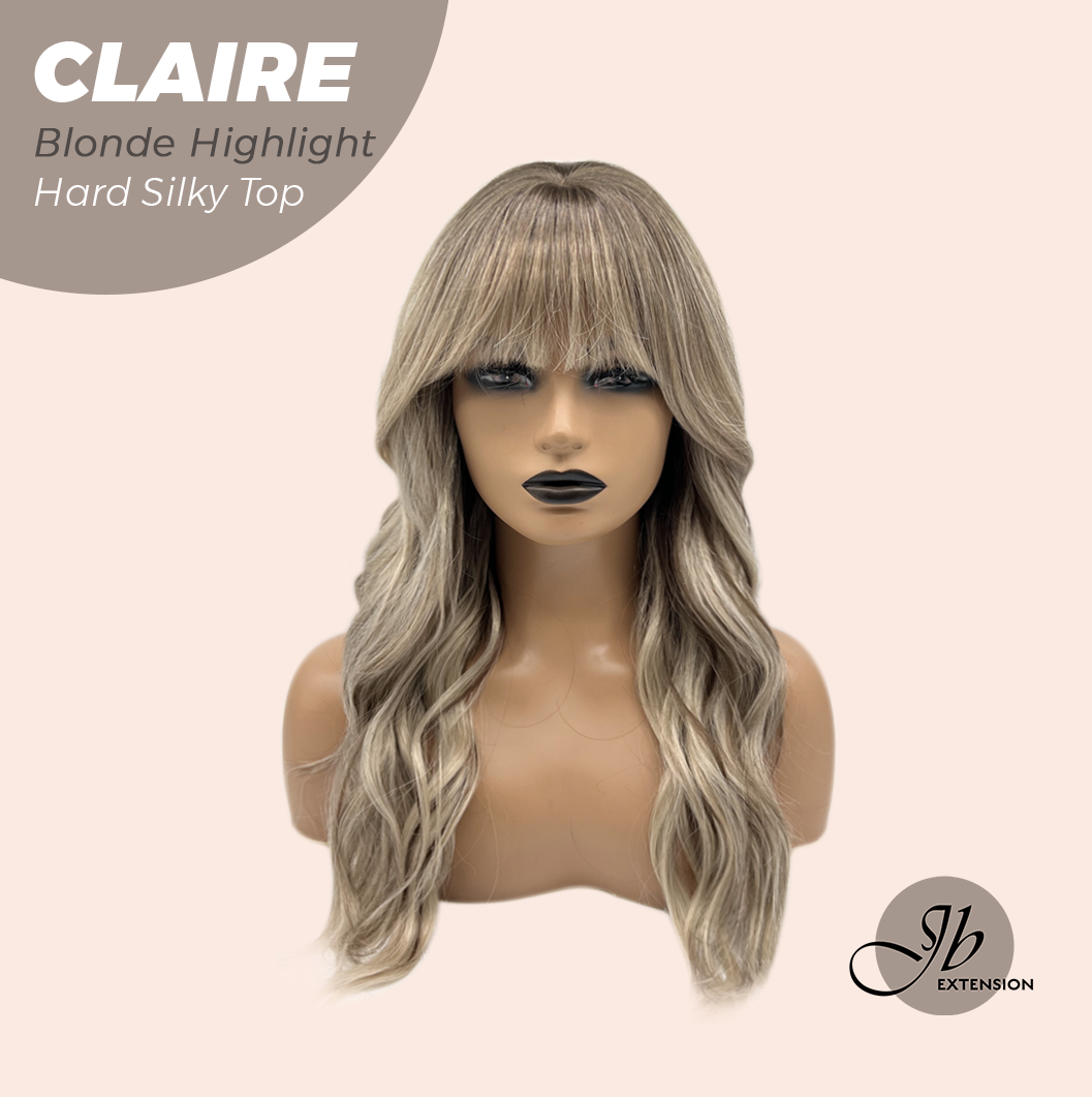 JBEXTENSION 22 Inches Scalpiana Blonde Highlight 3.5X4 Hard Silky Top Natural Scalp Effect Women Wig with Bangs CLAIRE SILKY TOP - BLONDE HIGHLIGHT
