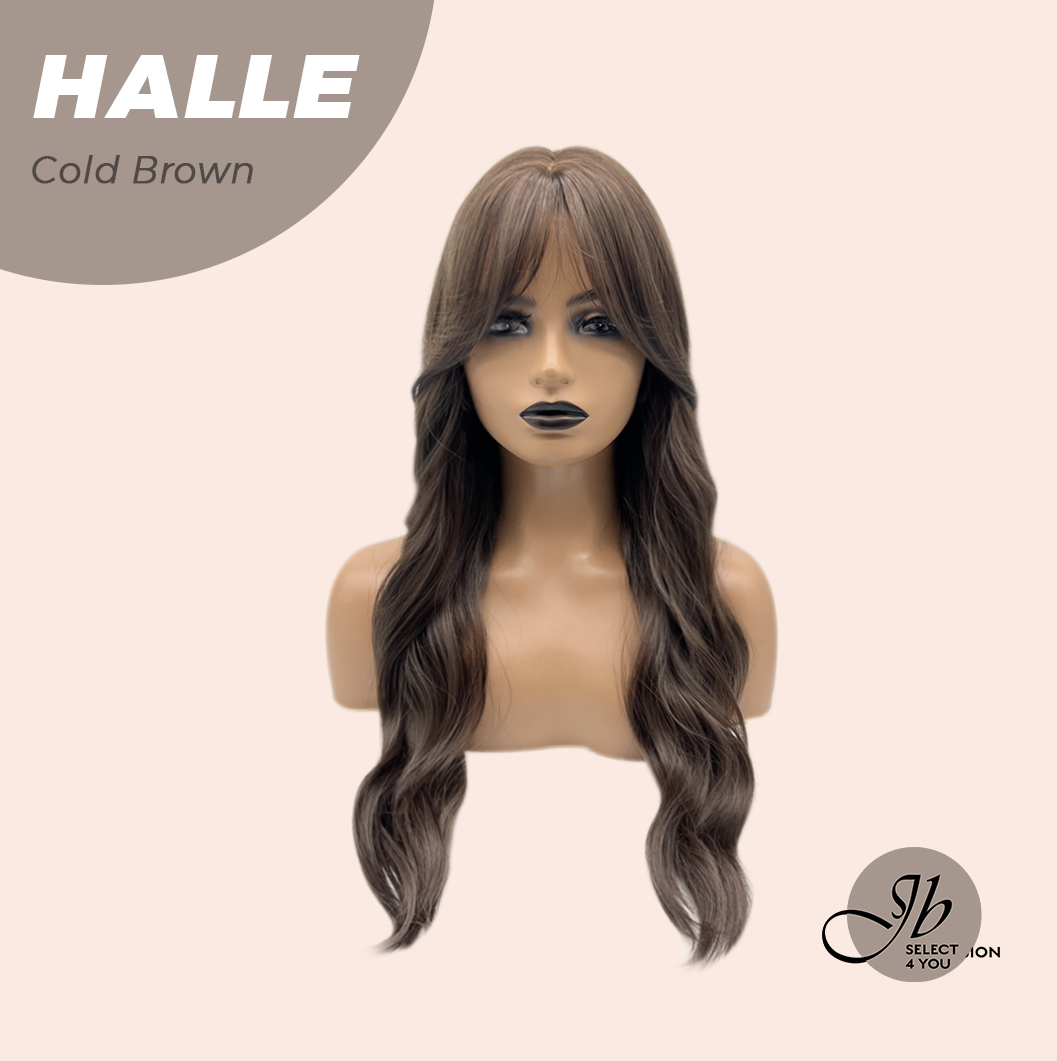 JBEXTENSION 27 Inches Long Wave Cold Brown Wig with Bangs HALLE COLD BROWN