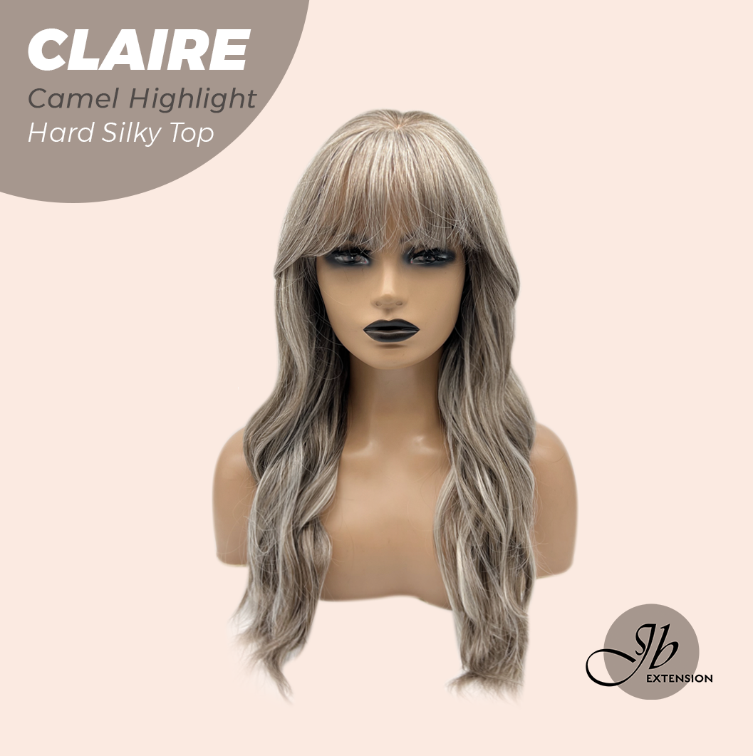 JBEXTENSION 22 Inches Scalpiana Camel Highlight 3.5X4 Hard Silky Top Natural Scalp Effect Women Wig with Bangs CLAIRE SILKY TOP - CAMEL HIGHLIGHT