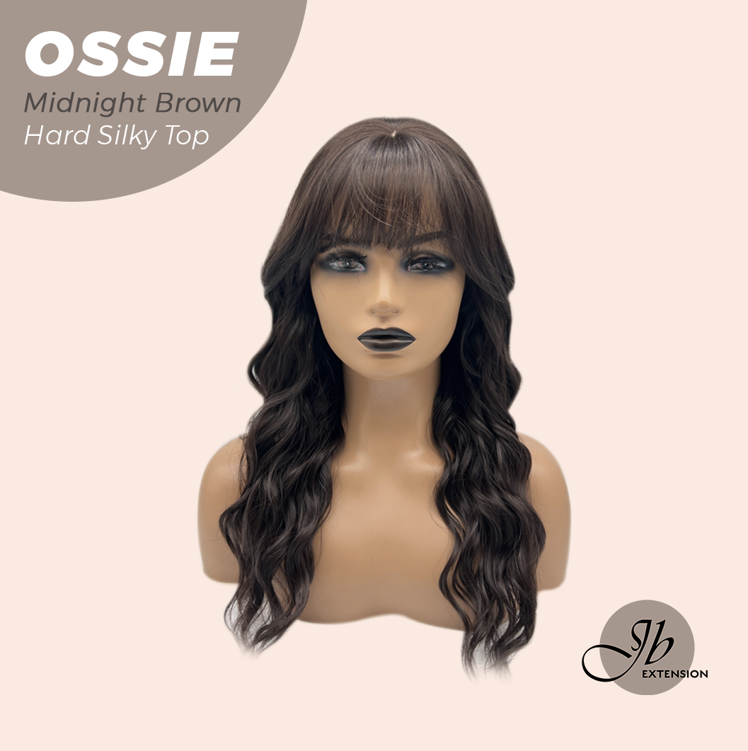 JBEXTENSION 22 Inches Scalpiana Long Wave Midnight Brown(Black/Brown) 3.5X4 Hard Silky Top Natural Scalp Effect Wig with Bangs OSSIE MIDNIGHT BROWN