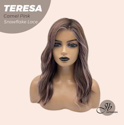 JBEXTENSION 18 Inches Camel Pink Pre-Cut Snowflake Lace Frontlace Glueless Wig TERESA CAMEL PINK【PERMATEASE】【BENDY EAR TABS】- M/L