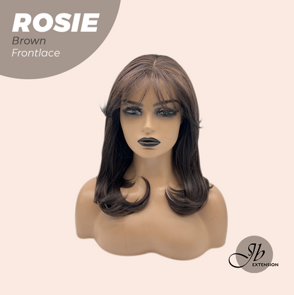 JBEXTENSION 16 Inches Brown Curly Women Pre-Cut Frontlace Glueless Wig with Bangs ROSIE BROWN