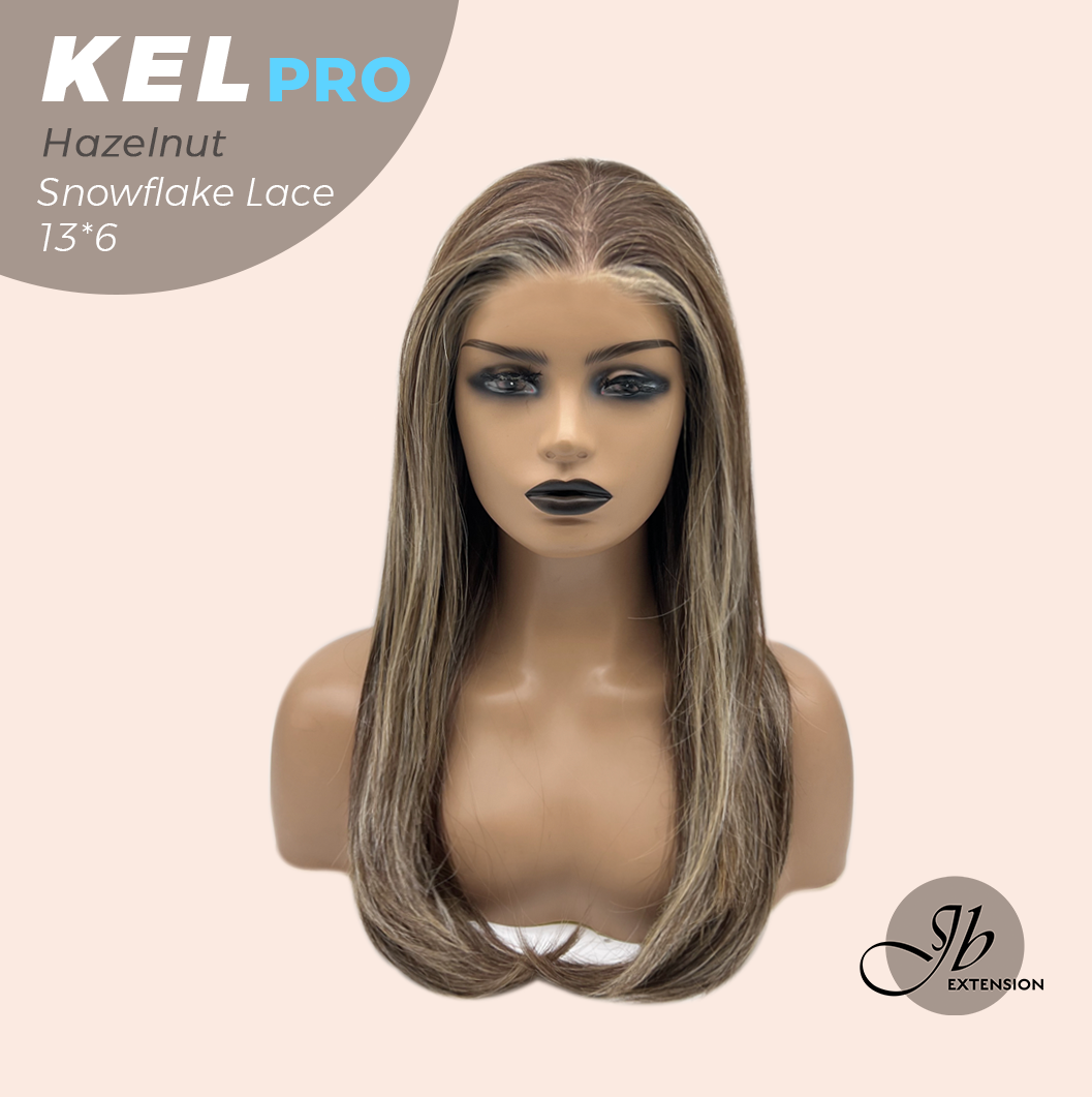 JBEXTENSION 22 Inches Hazelnut Blonde Highlight Pre-Cut 13X6 Free Part Snowflake Lace Frontlace Glueless Wig KEL PRO - HAZELNUT【BENDY EAR TABS】