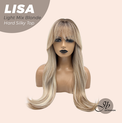 JBEXTENSION 26 Inches Scalpiana Long Curly Light Mix Blonde 3.5X4 Hard Silky Top Natural Scalp Effect Wig with Bangs LISA LIGHT MIX BLONDE