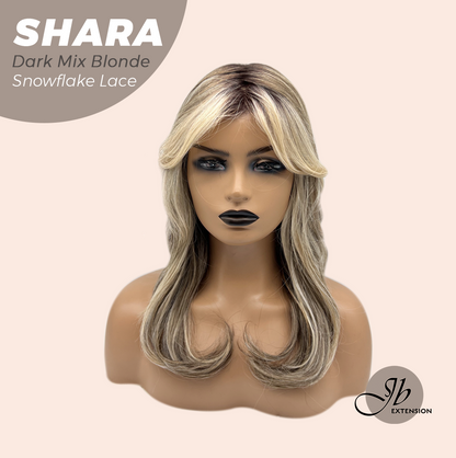 JBEXTENSION 17 Inches Curly Dark Mix Blonde Pre-Cut Arc Snowflake Lace Frontlace Glueless Wig SHARA DARK MIX BLONDE【BENDY EAR TABS】