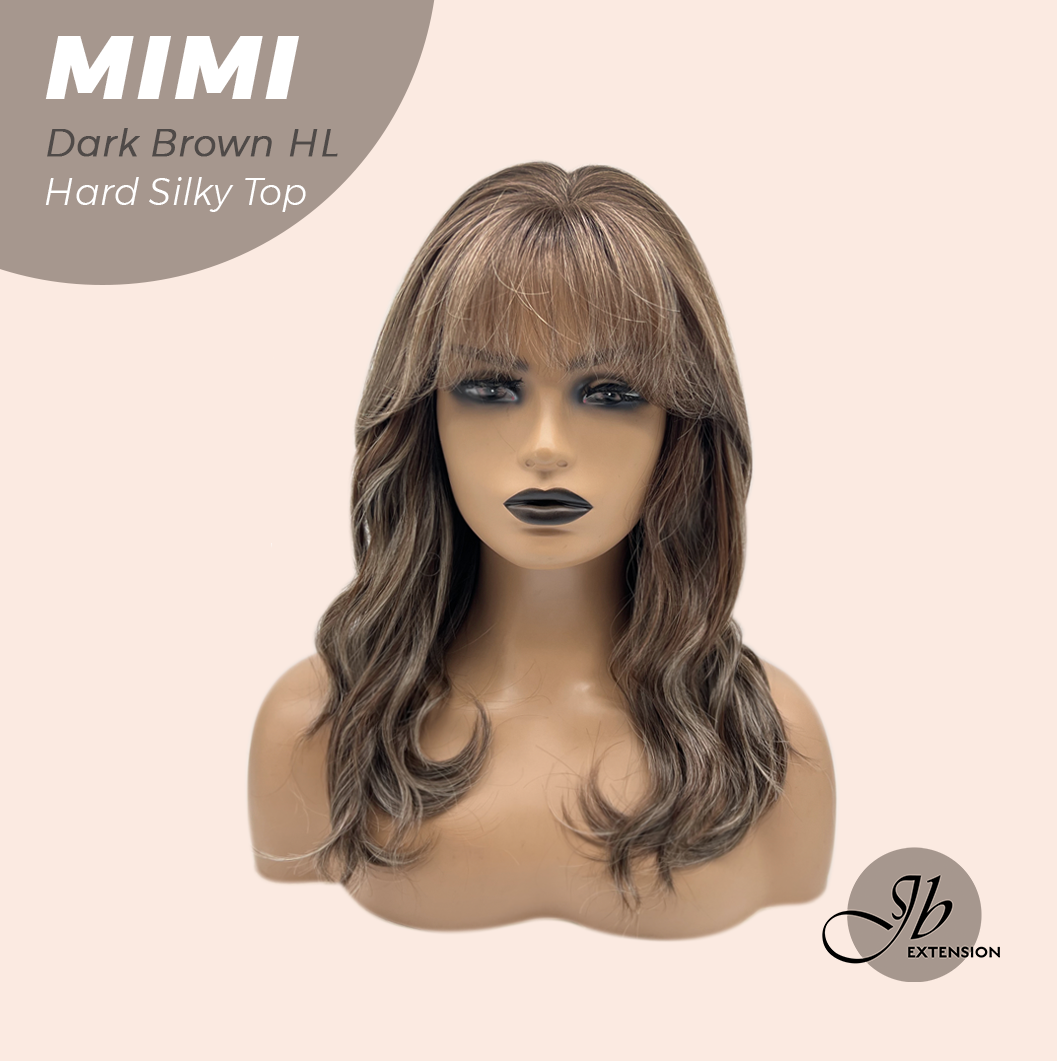 JBEXTENSION 16 Inches Scalpiana 3.5X4 Hard Silky Top Natural Scalp Effect Dark Brown Highlight Body Wave Wig with Bangs Wig MIMI SILK TOP - DARK BROWN HIGHLIGHT