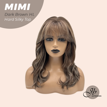 JBEXTENSION 16 Inches Scalpiana 3.5X4 Hard Silky Top Natural Scalp Effect Dark Brown Highlight Body Wave Wig with Bangs Wig MIMI SILK TOP - DARK BROWN HIGHLIGHT