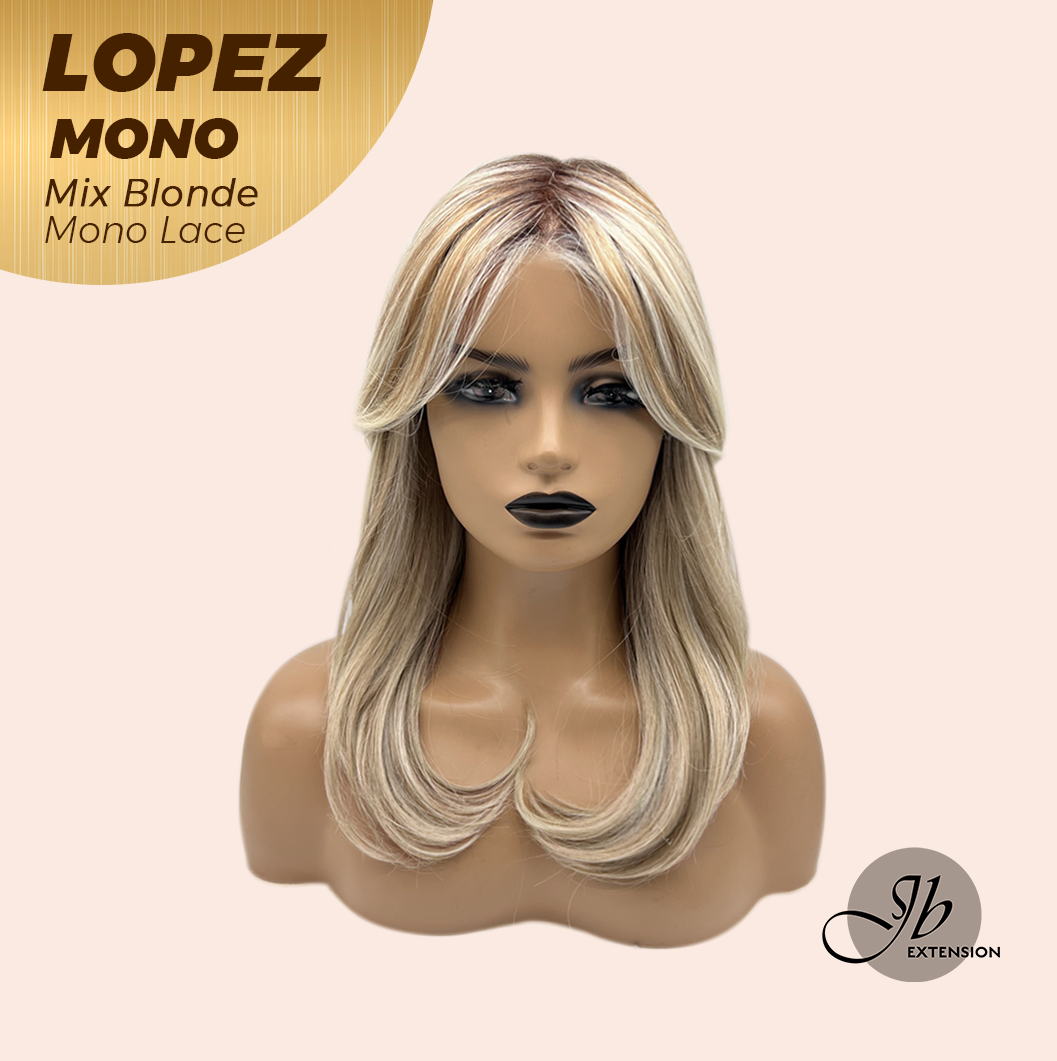 JBEXTENSION LOPEZ MONO Full Monofilament Handmade Full Lace Full Hand Tied Wig 18 Inches Mix Blonde Mono Lace Handmade Futura Fiber Wig with Anti-slip Silicone Strips Glueless Wig LOPEZ MONO - MIX BLONDE【BENDY EAR TABS】