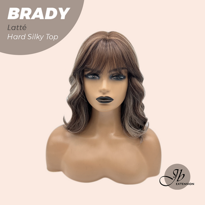 JBEXTENSION 12 Inches Scalpiana Wave Latté 3.5X4 Hard Silky Top Natural Scalp Effect Wig with Bangs BRADY LATTé
