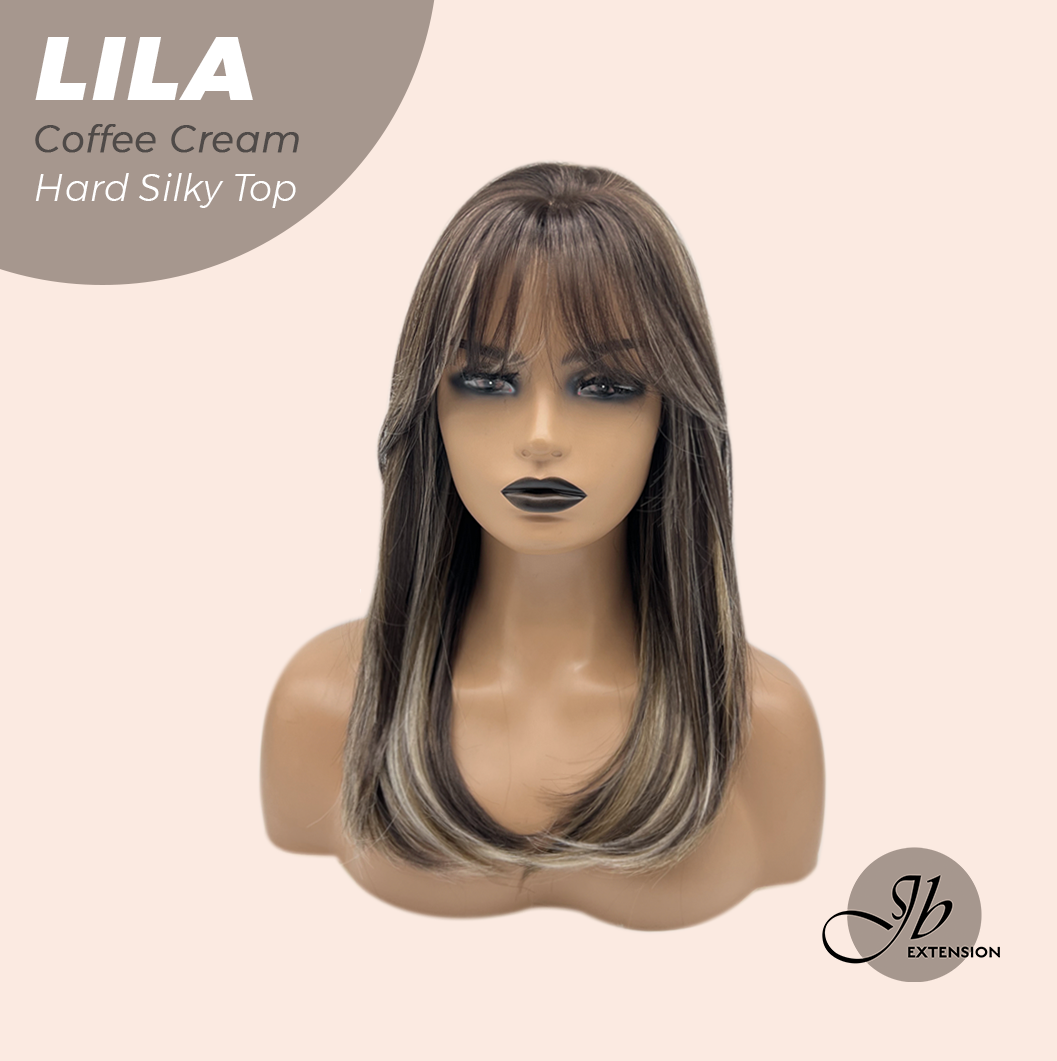 JBEXTENSION 20 Inches Scalpiana Coffee Cream Wolf Cut 3.5X4 Hard Silky Top Natural Scalp Effect Wig With Bangs LILA COFFEE CREAM