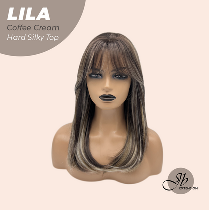 JBEXTENSION 20 Inches Scalpiana Coffee Cream Wolf Cut 3.5X4 Hard Silky Top Natural Scalp Effect Wig With Bangs LILA COFFEE CREAM