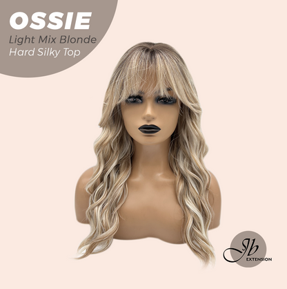 JBEXTENSION 22 Inches Scalpiana Long Wave Light Mix Blonde 3.5X4 Hard Silky Top Natural Scalp Effect Wig with Bangs OSSIE LIGHT MIX BLONDE