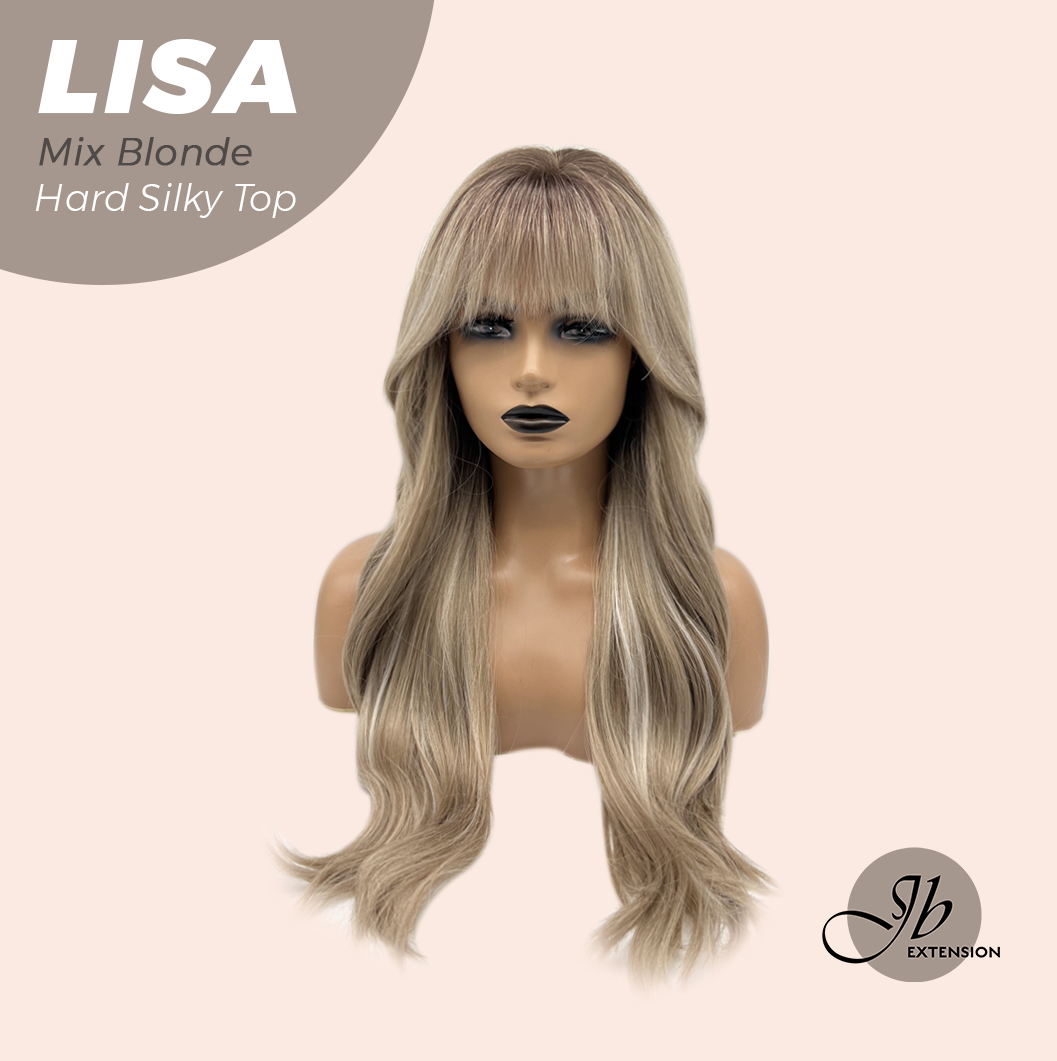 JBEXTENSION 26 Inches Scalpiana Long Curly Mix Blonde 3.5X4 Hard Silky Top Natural Scalp Effect Wig with Bangs LISA MIX BLONDE