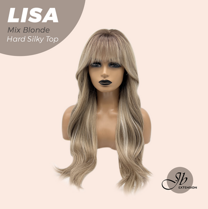 JBEXTENSION 26 Inches Scalpiana Long Curly Mix Blonde 3.5X4 Hard Silky Top Natural Scalp Effect Wig with Bangs LISA MIX BLONDE