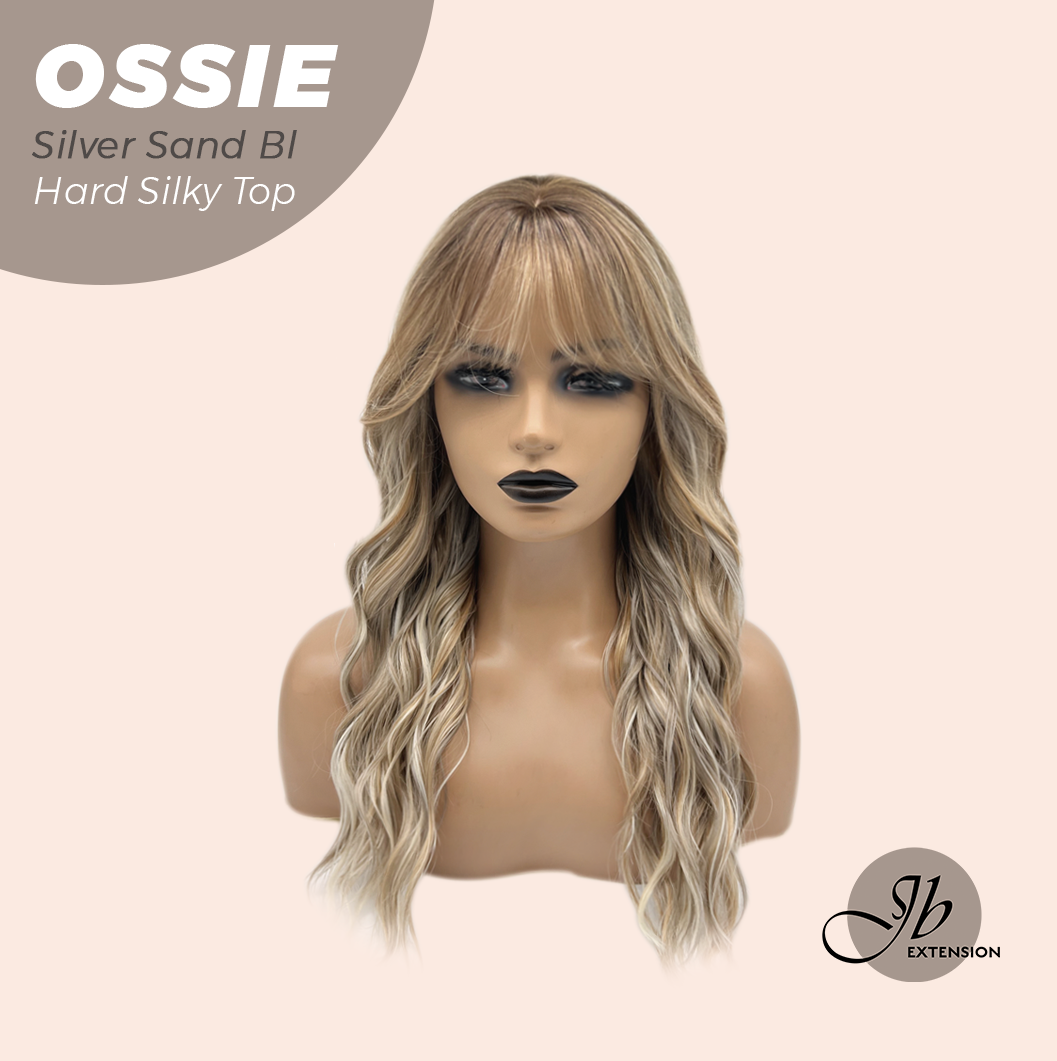 JBEXTENSION 22 Inches Scalpiana Long Wave Silver Sand Blonde 3.5X4 Hard Silky Top Natural Scalp Effect Wig with Bangs OSSIE SILVER SAND BLONDE