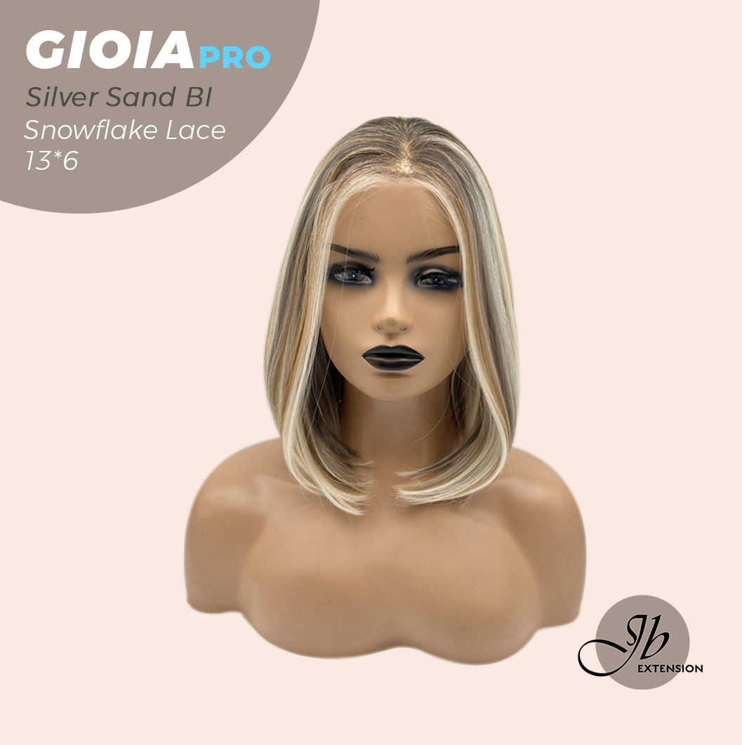 JBEXTENSION 14 Inches Silver Sand Blonde Pre-Cut 13X6 Free Part Snowflake Lace Frontlace Bob Cut Glueless Wig GIOIA PRO - SILVER SAND BLONDE【BENDY EAR TABS】