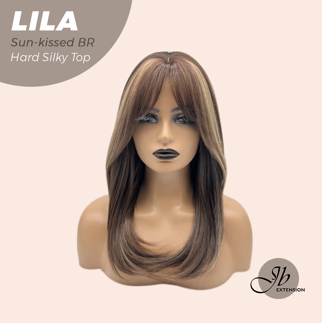 JBEXTENSION 20 Inches Scalpiana Sun-kissed Brown Wolf Cut 3.5X4 Hard Silky Top Natural Scalp Effect Wig with Bangs LILA SUN-KISSED BROWN