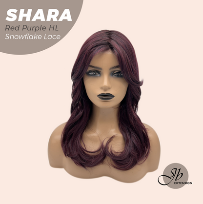 [FINAL SALE] JBEXTENSION 17 Inches Curly Red Purple Highlight Pre-Cut Arc Snowflake Lace Frontlace Glueless Wig SHARA RED PURPLE HIGHLIGHT【BENDY EAR TABS】